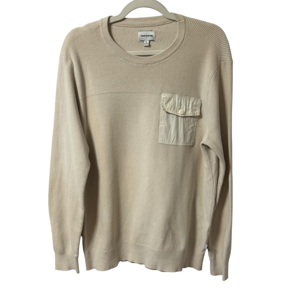 Frank and Oak Cotton Thin Knit Sweater with Chest Pocket Men’s Unisex XL Cream